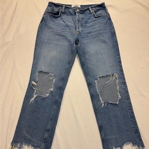 We The Free Light Blue Distressed Mid-Rise Straight Leg Cropped Jeans